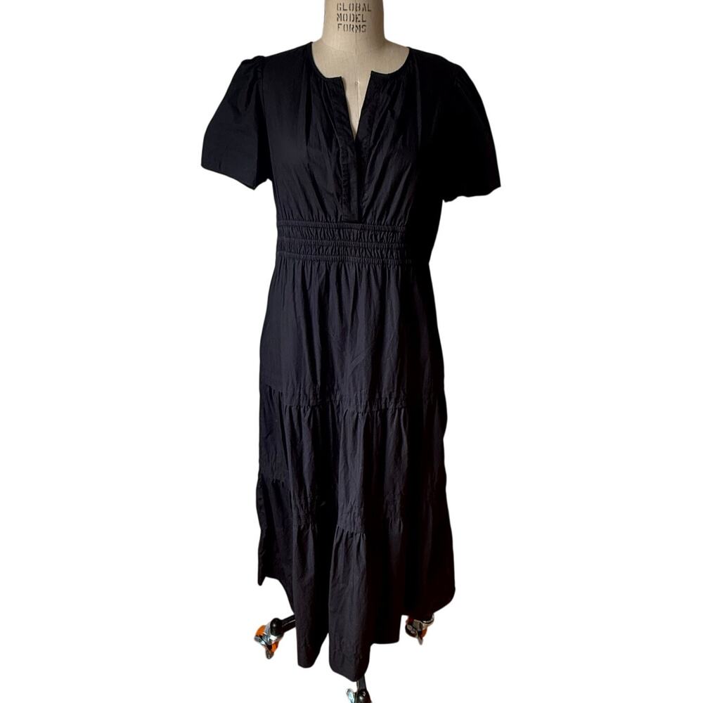 Quince Tiered Maxi Dress in Black 100% Organic Cotton Poplin Size Large
